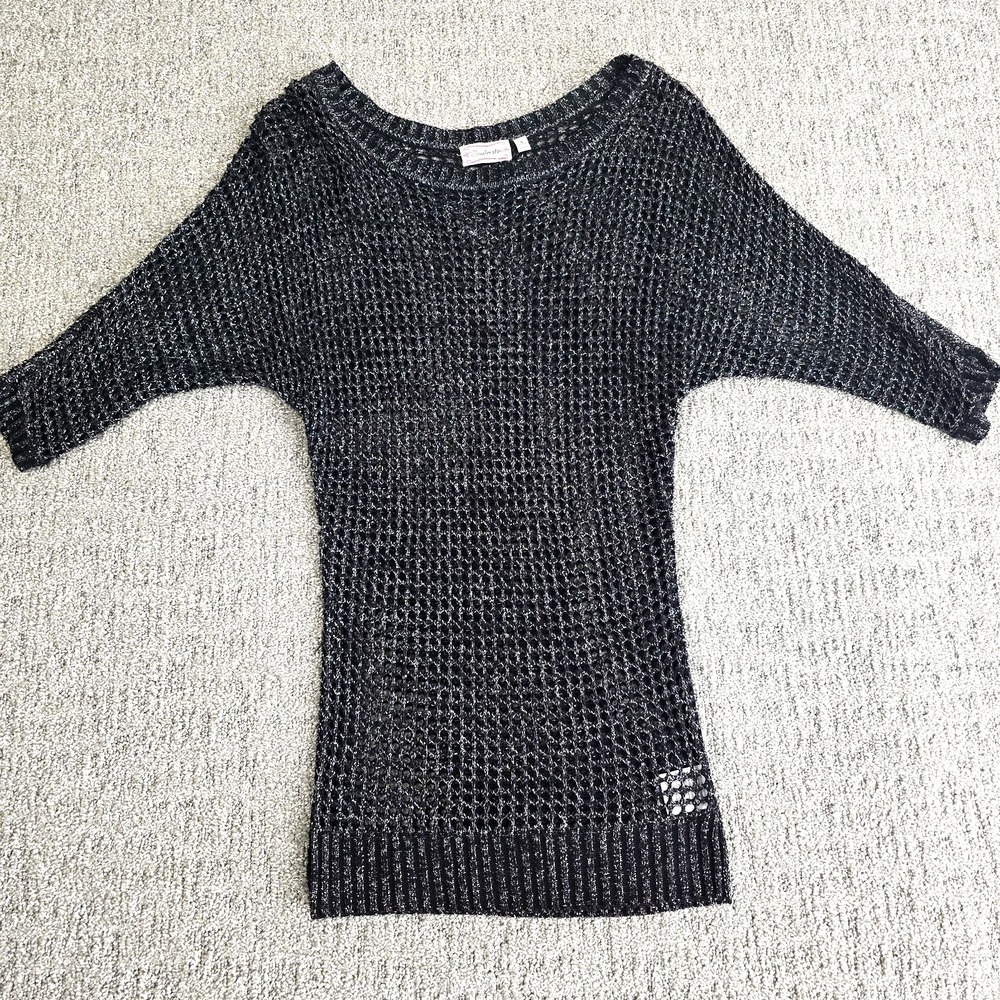 Soulmates Womens S Black Silver Metallic Open Knit Sweater Dolman Whimsigoth